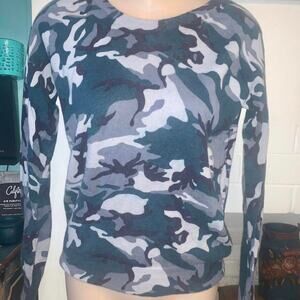 NEW TEAL & DENIM BLUE CAMOUFLAGE CAMO COTTON/CASHMERE BLEND LIGHTWEIGHT SWEATER